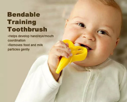 Food grade silicone banana teether toy for babies in yellow, pink, and blue