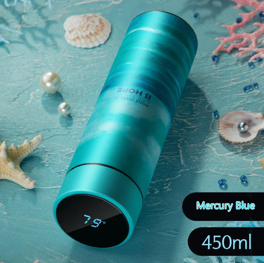 Sleek stainless steel vacuum flask with LED temperature display, available in various stylish colors and capacities to suit active lifestyles.