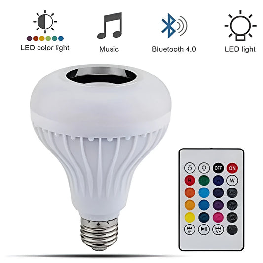 White E27 Bluetooth smart LED bulb with built-in speaker and remote control for colour-changing lighting.