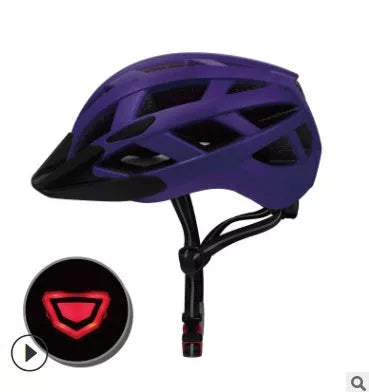 Unisex bicycle helmet with integrated safety light in matte black, fluorescent green, purple, and white