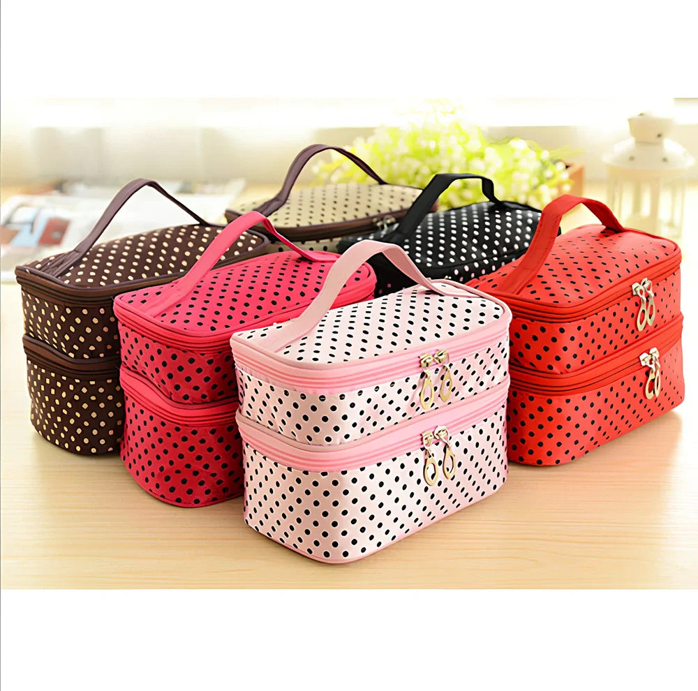 Double-layer cosmetic bag with multicoloured wavelet dots measuring 20.5cm long