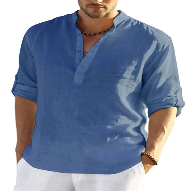 Men's light blue cotton linen long sleeve shirt with stand collar, button front, and rolled-up sleeves