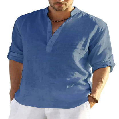 Men's light blue cotton linen long sleeve shirt with stand collar, button front, and rolled-up sleeves