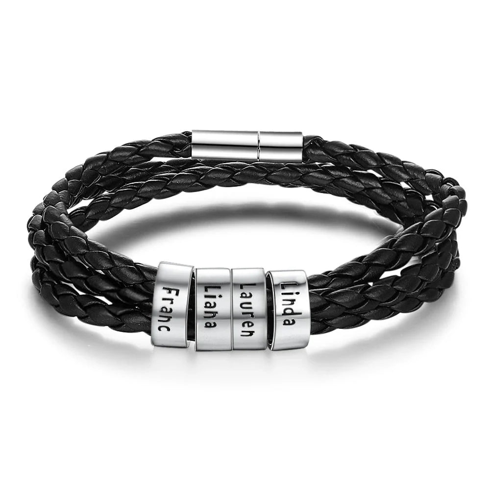 Personalized men's braided leather bracelet with stainless steel beads and custom name charm