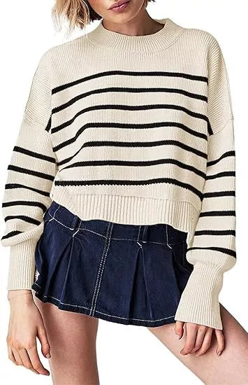 Women's striped long-sleeved sweater in black, apricot, and blue