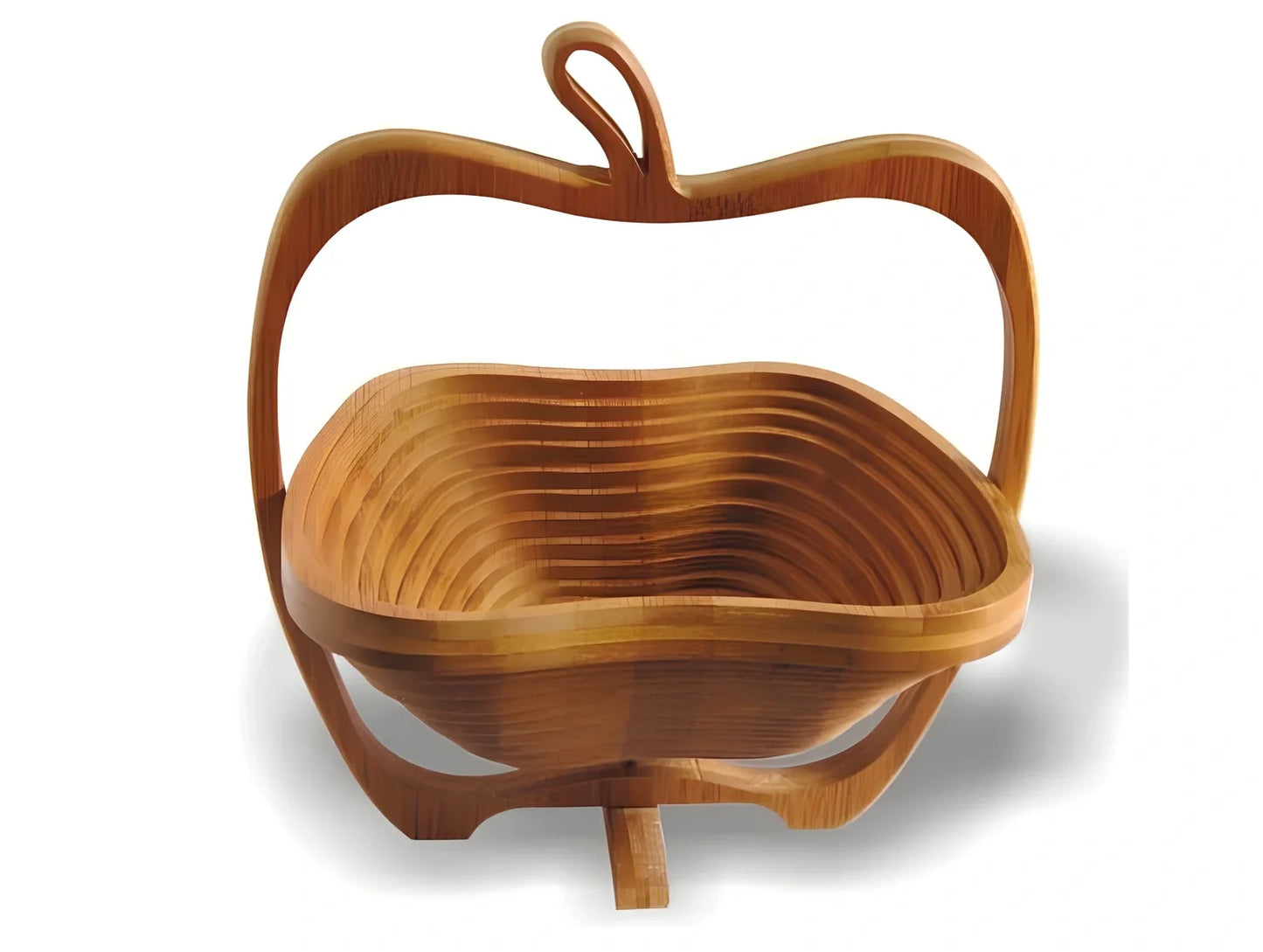 Folding natural bamboo fruit basket open at 27 cm wide, 30 cm high, collapsed to 1.8 cm for storage