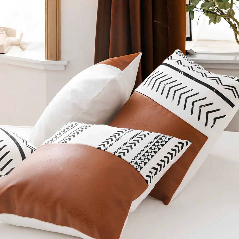 Double-sided sofa cushion set: 45x45cm cotton canvas squares and 35x50cm PP cotton pillow with leather reverse and hidden zippers