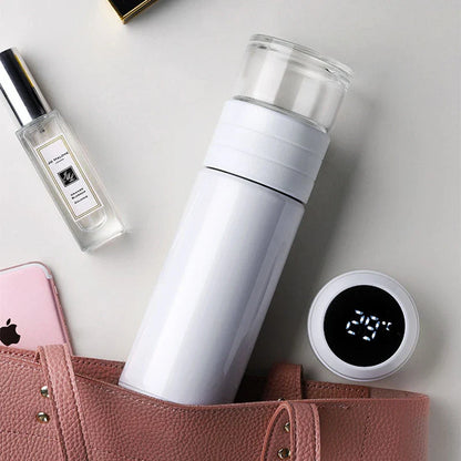 Premium insulated tumbler with digital temperature display, made of durable stainless steel, silicone, and glass materials