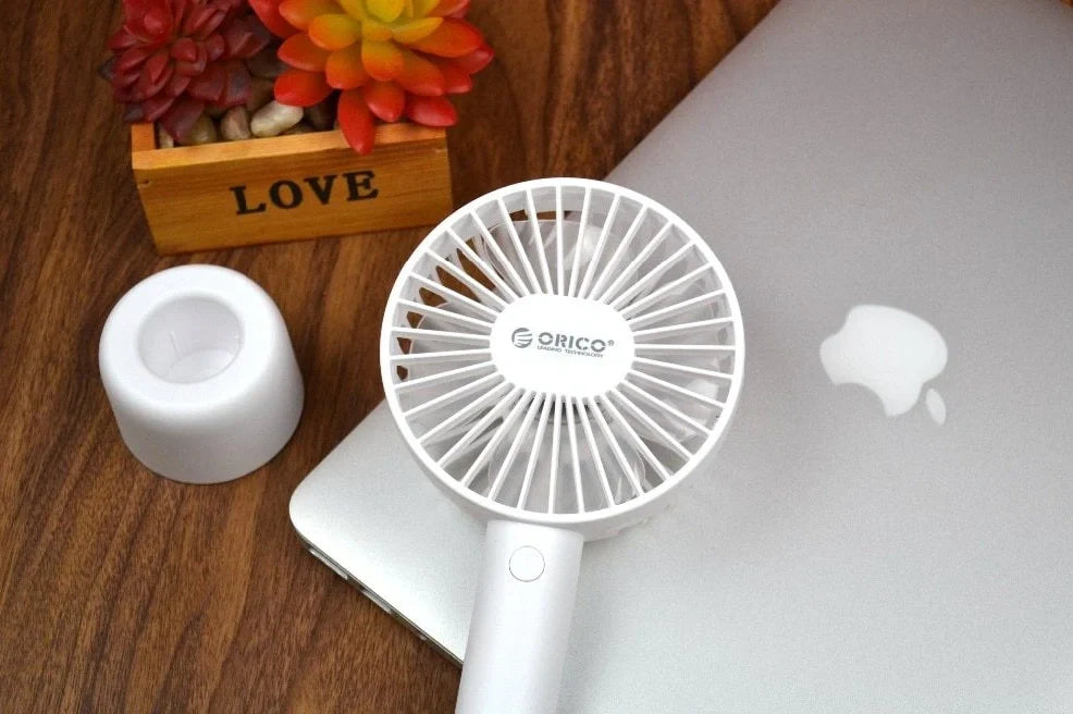 White ORICO FH1 USB rechargeable desk fan with fine-line detailing showing compact 215mm design