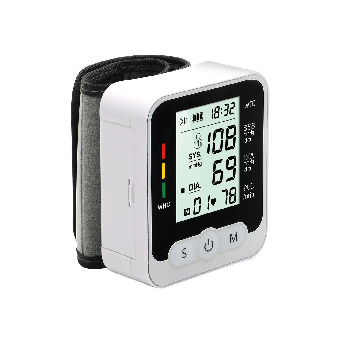 Wrist-worn digital blood pressure monitor with automatic measurement, voice playback, and advanced data tracking features