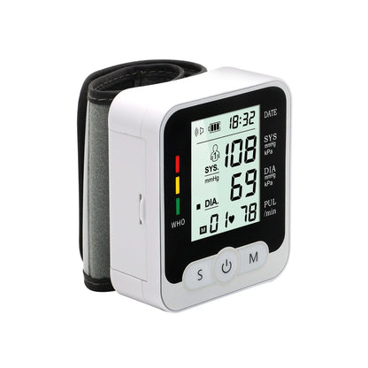 Wrist-worn digital blood pressure monitor with automatic measurement, voice playback, and advanced data tracking features