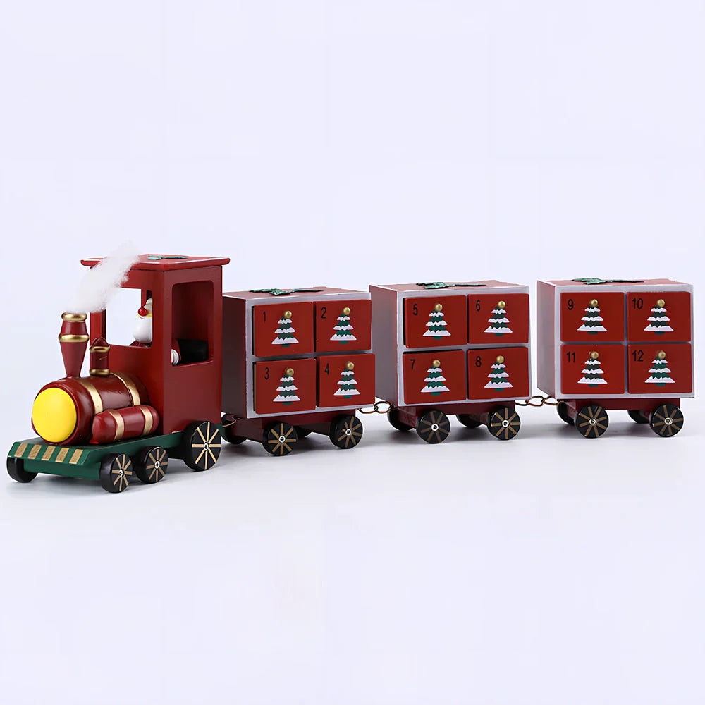 Handcrafted wooden Christmas window decorations showing nine designs including bears, houses, trees and vehicles