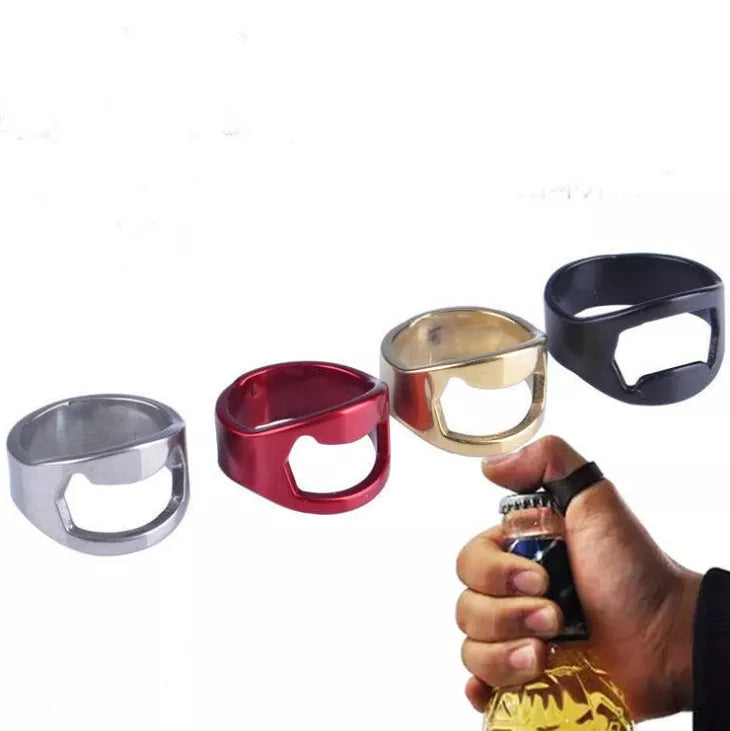 Stainless steel finger ring beer bottle opener in four colors - black, silver, gold, red