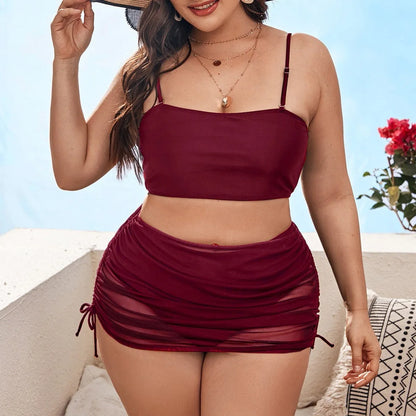 Women's solid colour mesh bikini three-piece set showing top, underwear and apron pieces