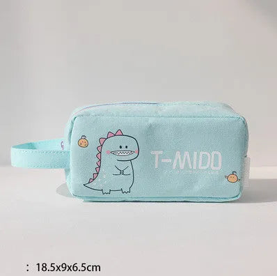 Cartoon dinosaur stationery bag in 12 Ann cotton cloth, 18.5 x 9 cm, inverted trapezoid shape, Blue Green Pink Sky Blue options