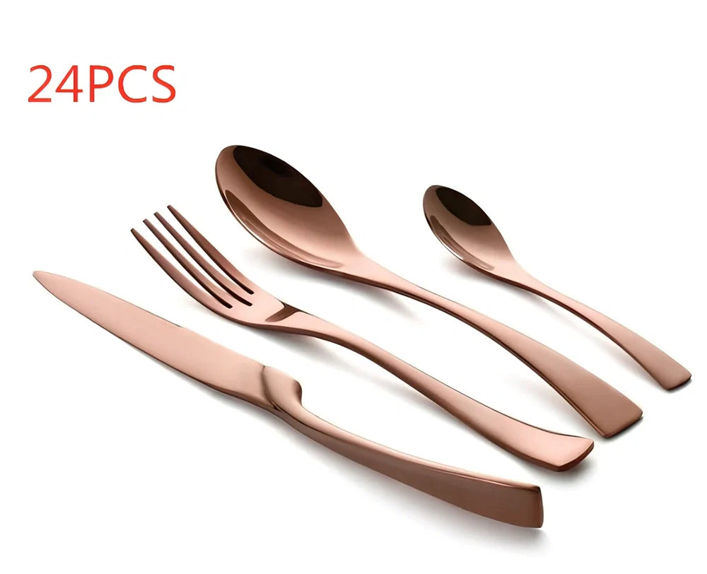 Four-piece black stainless steel cutlery set with mirror polishing showing fork, knife, coffee spoon, and soup spoon