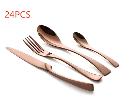 Four-piece black stainless steel cutlery set with mirror polishing showing fork, knife, coffee spoon, and soup spoon