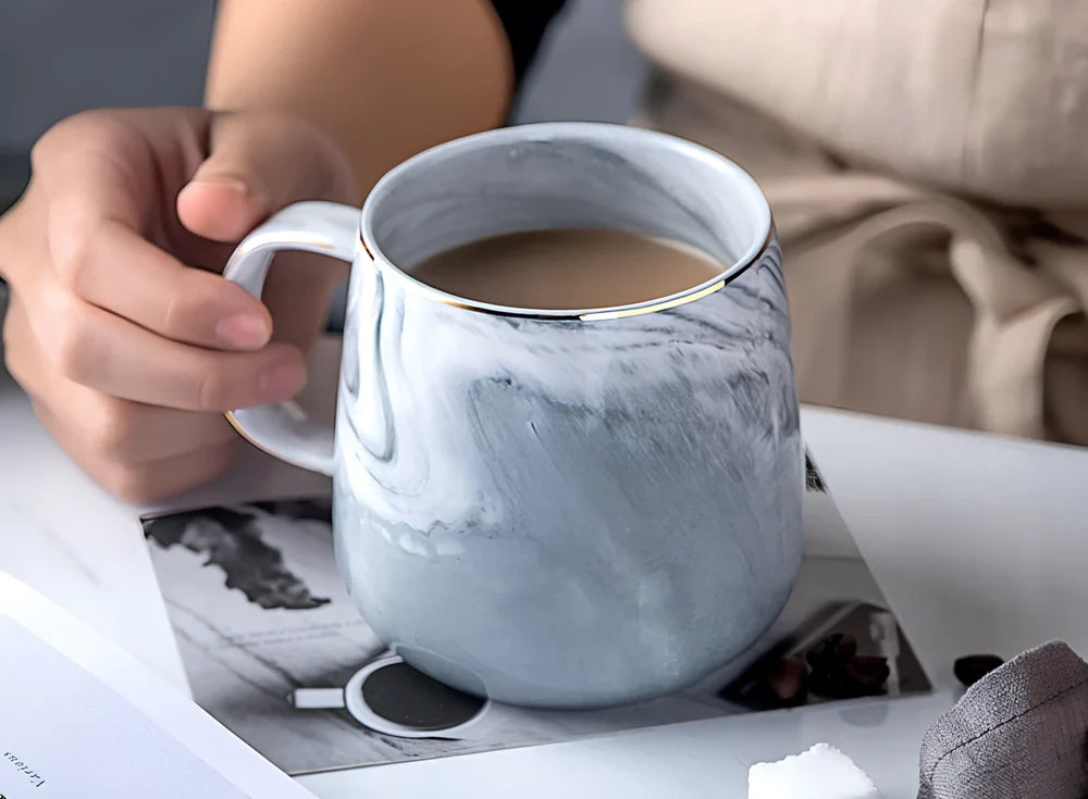Grey marble pattern ceramic breakfast cereal mug with 350ml capacity and rounded handle