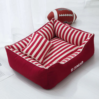 Navy striped removable dog kennel mat with a matching mini pillow, shown in blue and red colour options.