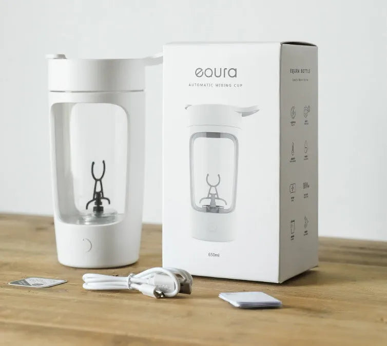 Portable automatic juice blender cup in black, blue, pink, or white, showing 650ml capacity and compact size.