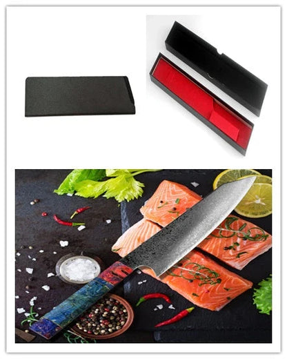 Premium 67-layer Damascus steel chef's knife with elegant brocade pattern, durable corrosion-resistant construction, and ergonomic handle for exceptional cutting performance