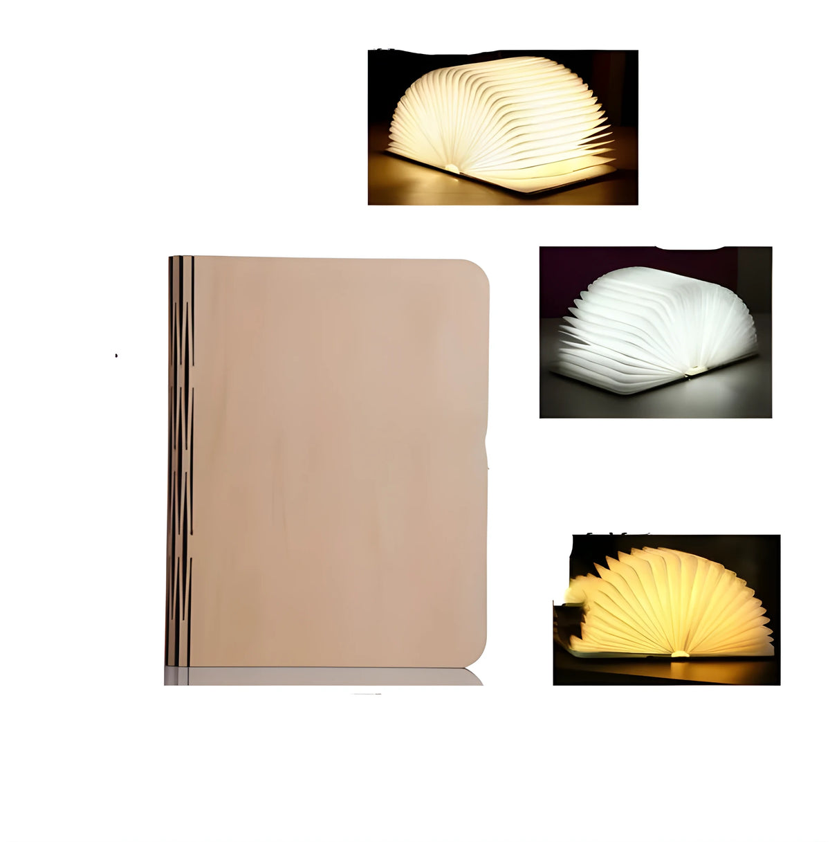 Solid wood USB book light in three sizes showing white and warm white light options.