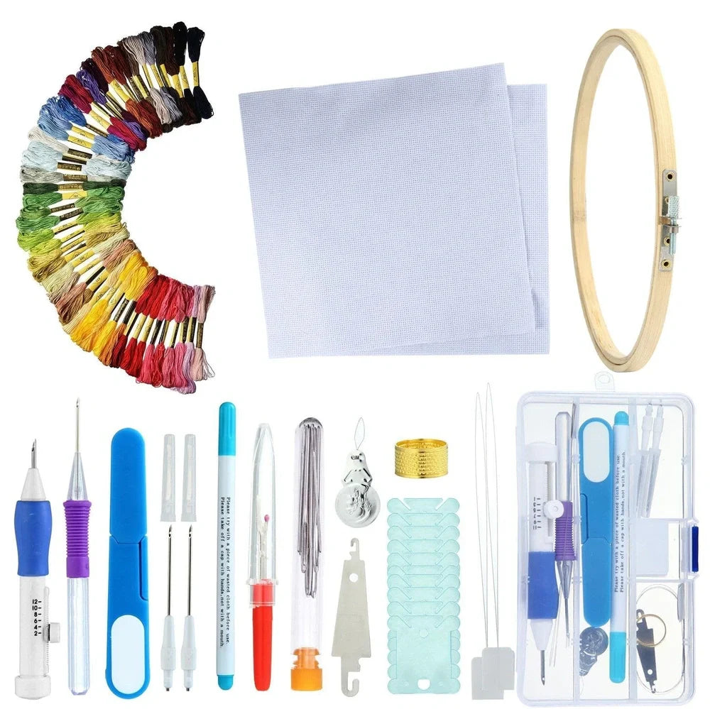 DIY embroidery set box with 50 coloured polyester threads on bobbins, 250g total weight, including butterfly pattern model 177