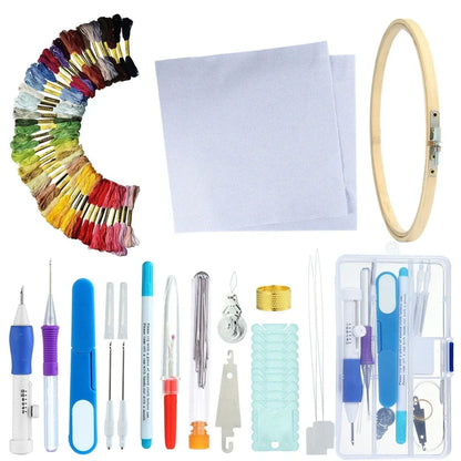DIY embroidery set box with 50 coloured polyester threads on bobbins, 250g total weight, including butterfly pattern model 177