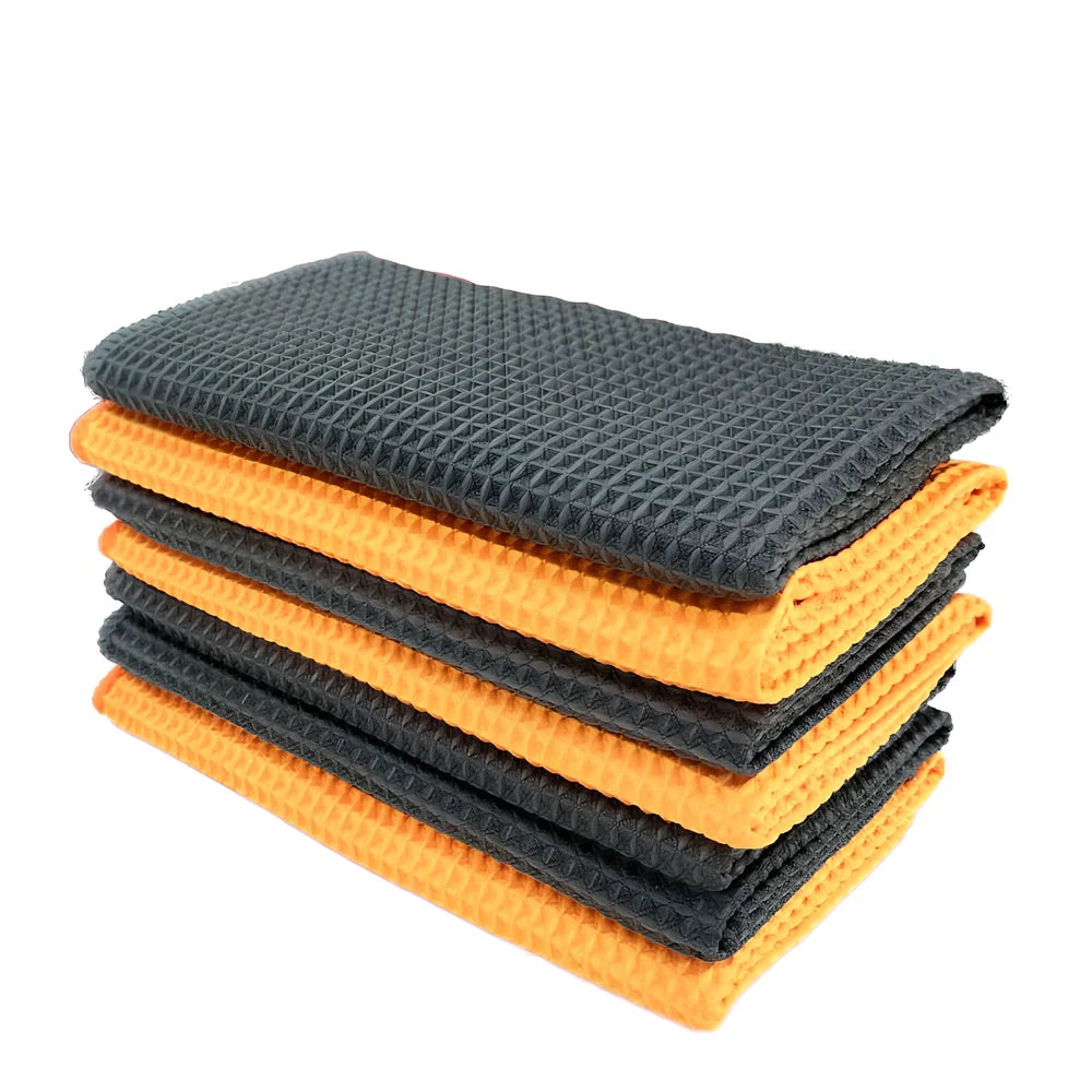 Orange and grey 40x40cm wafer-style car wash towel with microfiber texture