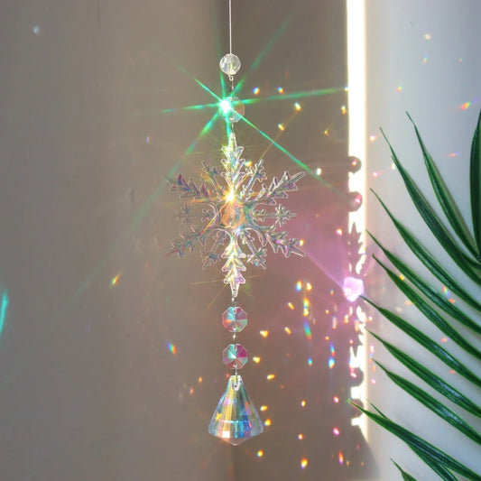 Christmas tree decoration dreamcatcher with AB colour acrylic snowflakes in multiple sizes and shapes