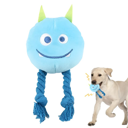 Blue or yellow dog squeaky toy with strong knot rope design for chewing and play