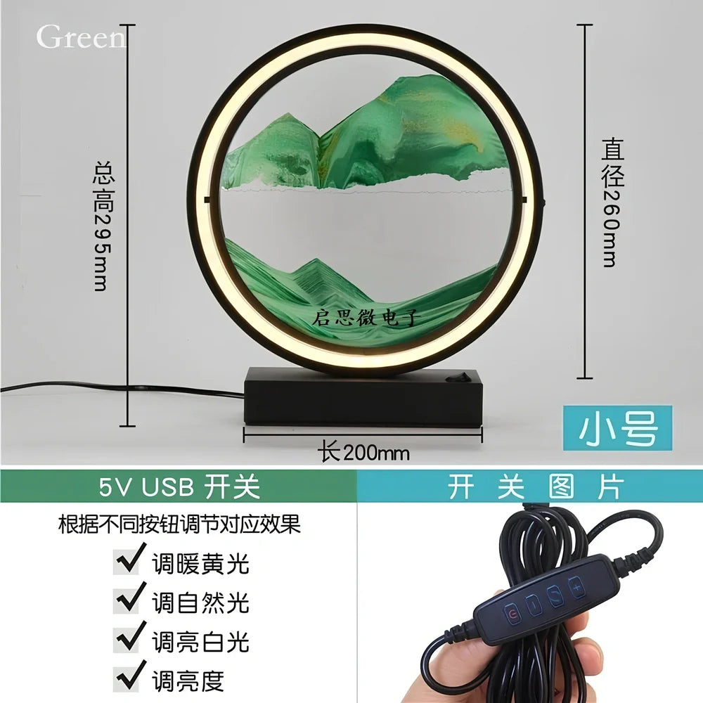 Black and white quicksand table lamp, 295mm tall with LED lights and remote control, coloured sand in glass chamber