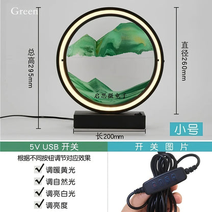 Black and white quicksand table lamp, 295mm tall with LED lights and remote control, coloured sand in glass chamber