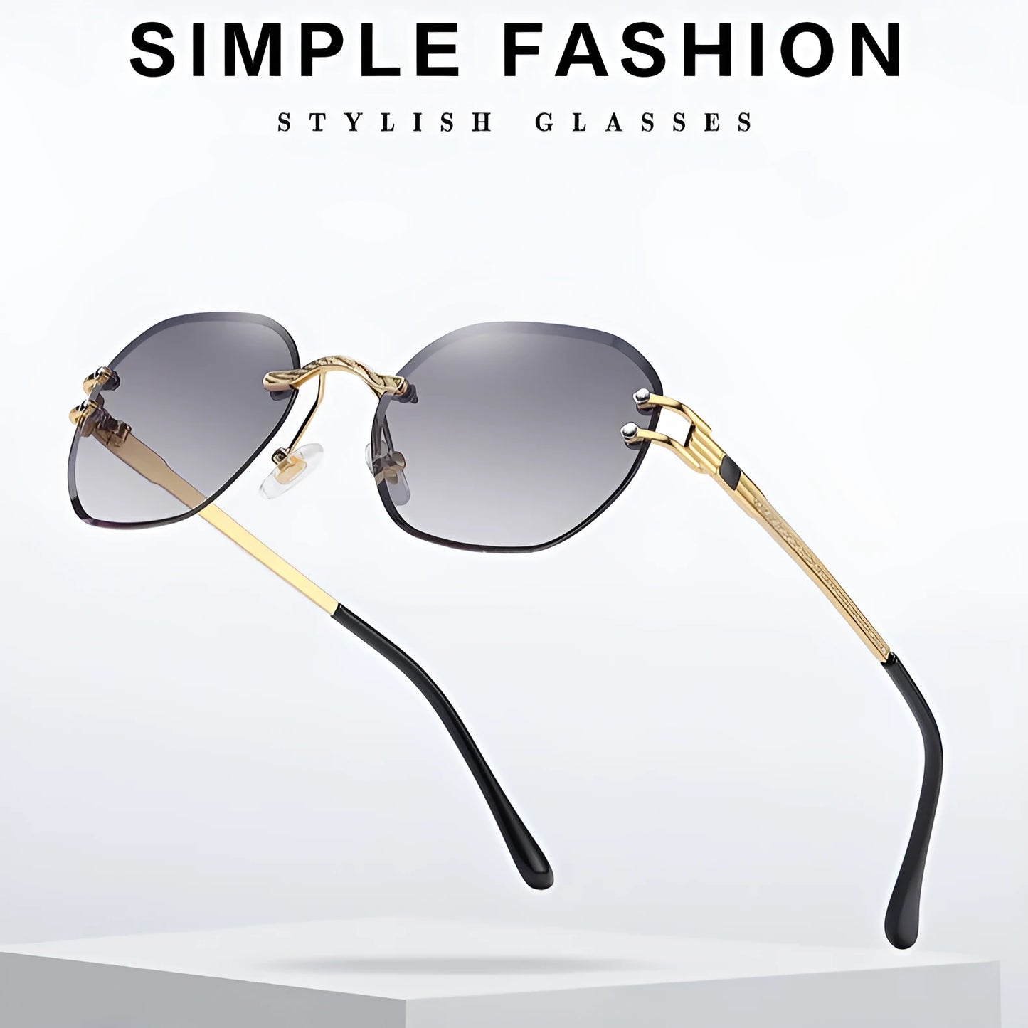 Gold frame trimming sunglasses with gradient blue ocean lens in box-style design