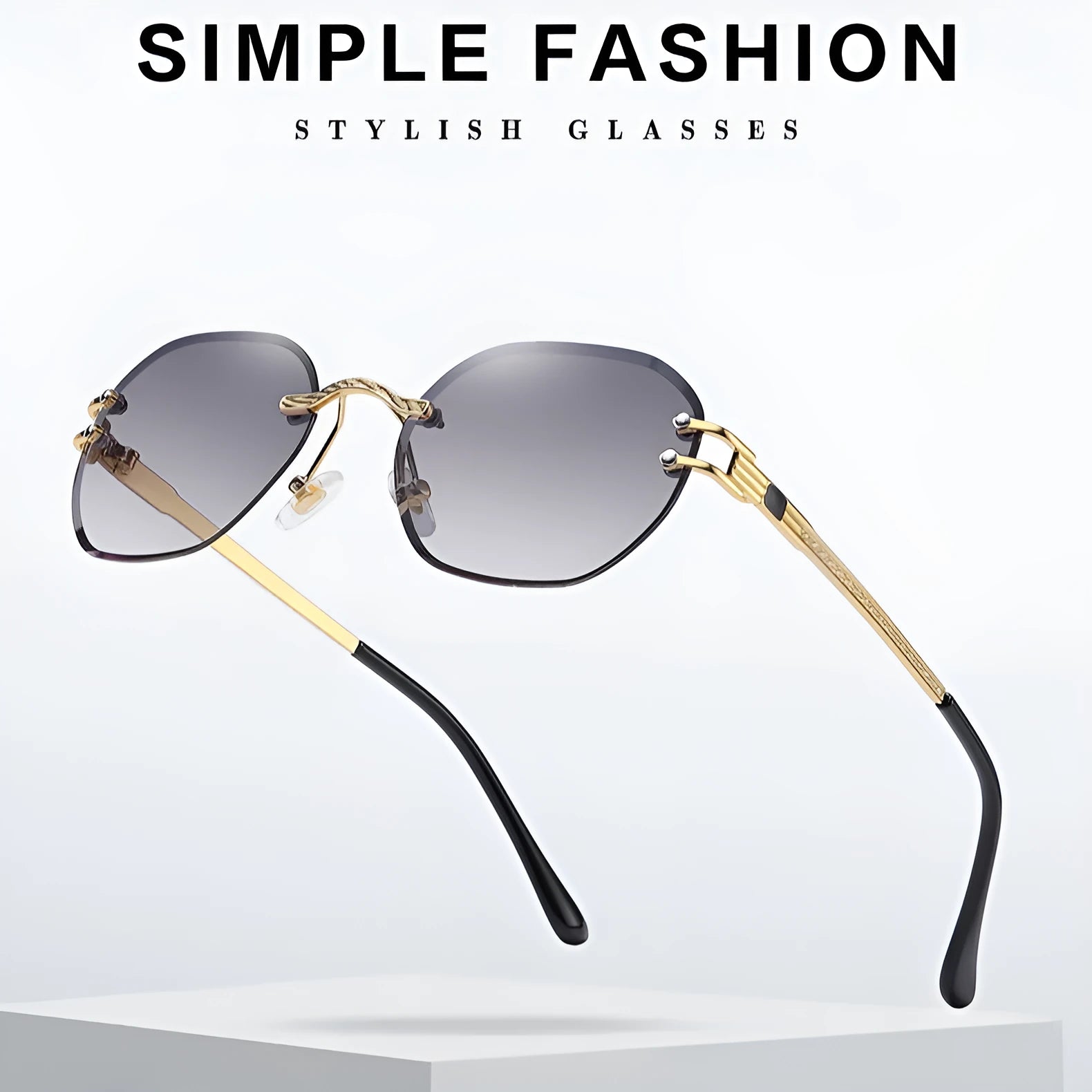 Gold frame trimming sunglasses with gradient blue ocean lens in box-style design