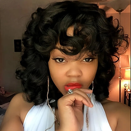 Black synthetic Afro wig with long curly style made from heat dyeable high temperature fibre