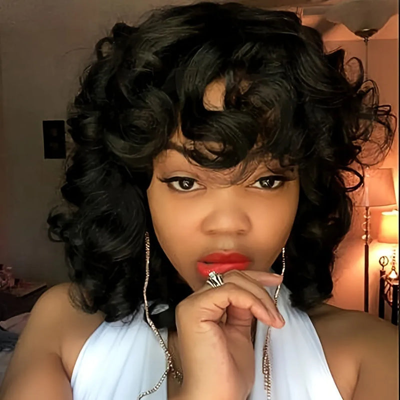 Women's synthetic Afro wig made from high temperature fibre with exotic long curly style in black colour, suitable for ladies of any face type and skin tone, can be heat styled and dyed