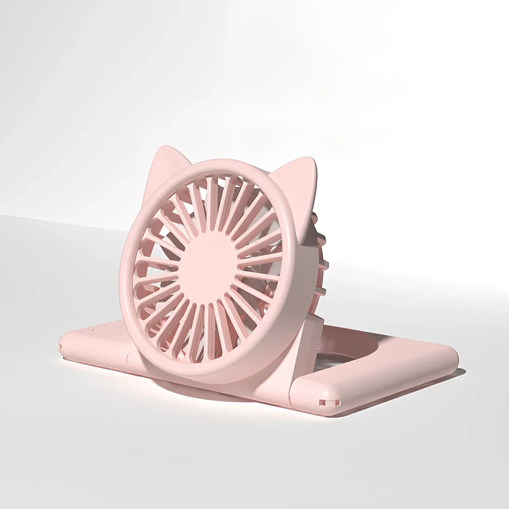 Green and pink neck fan with card design, 120x75x22.5mm dimensions, USB charging port