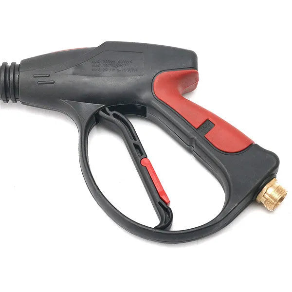 Black M22 lengthened pressure washer gun with engineering plastic body, all-copper head, extension rod, and 5-colour nozzle.