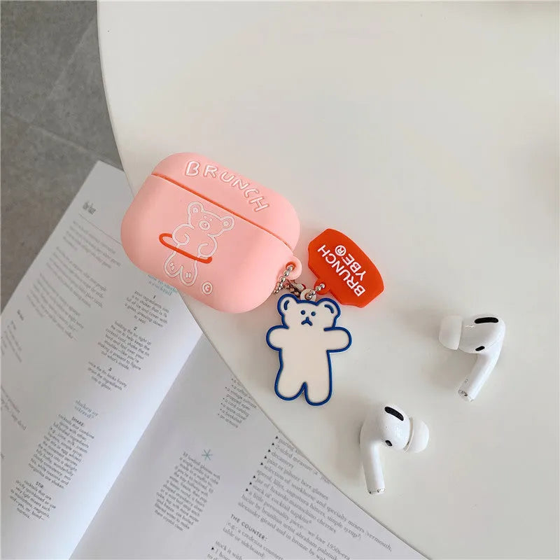 AirPods Pro Protective Cover Soft Silicone Flip Case with Hula Hoop Bear and Pendant for AirPods 1 2 and 3 Generation in Beige Blue Pink or Purple Japanese Korean Style