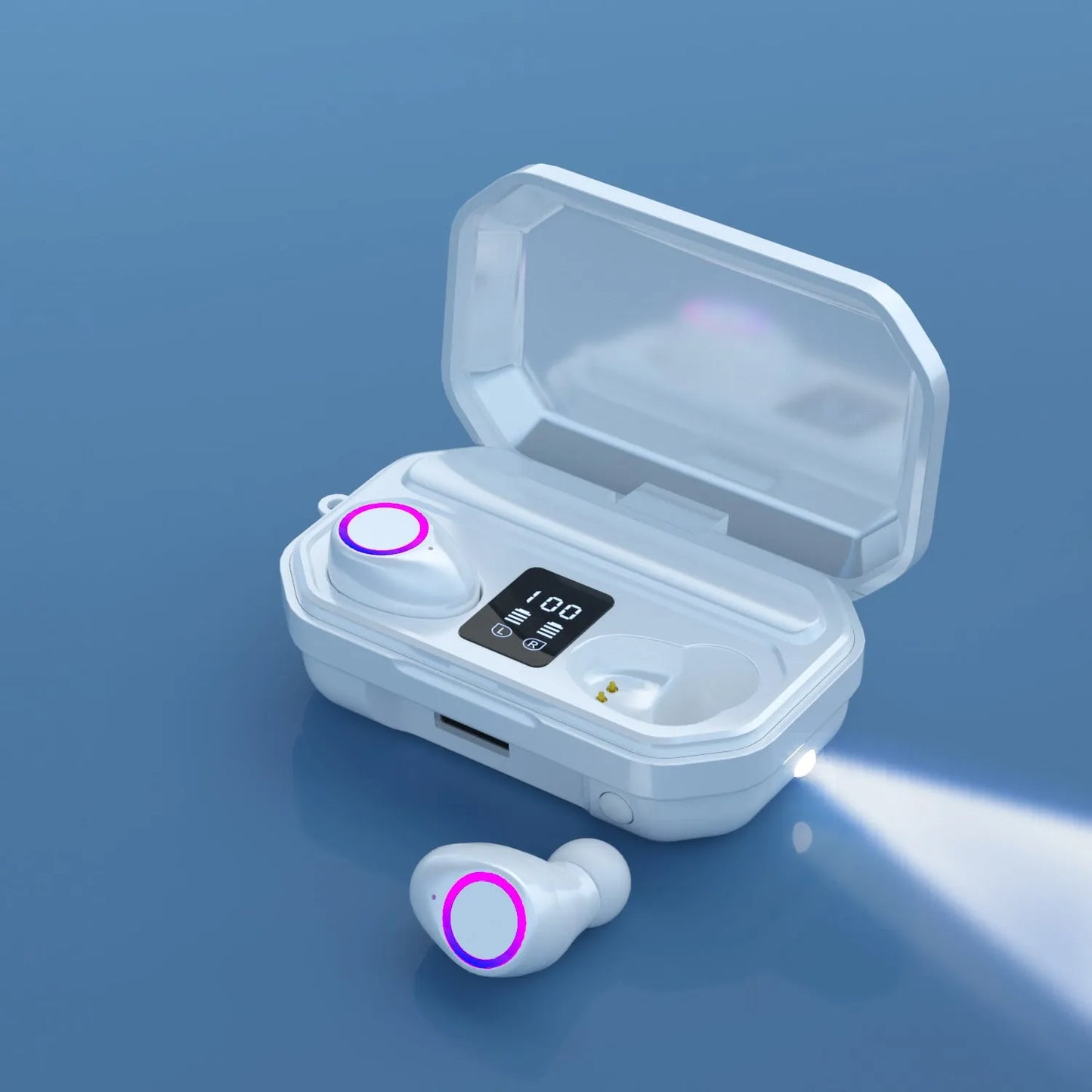 Black and white wireless Bluetooth in-ear headphones with a charging cabin showing an LED power display.