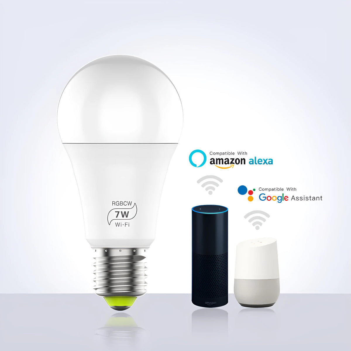 7W LED smart WiFi bulb, E27, 60mm x 117mm, RGBCW colours, 2700-6500K, works with Alexa and Google Home