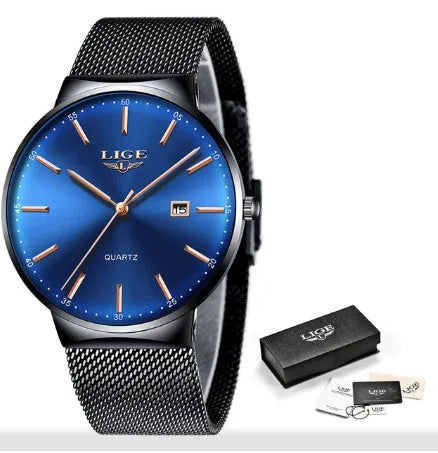 Men's stainless steel wristwatch with 40mm dial showing black, blue, or two-tone colour options