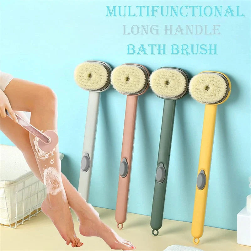 Dual-purpose shower brush with detachable head and built-in shower gel reservoir