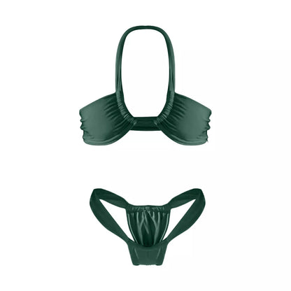 Women's Solid Color Split Bikini Swimsuit in navy blue, pink, and green