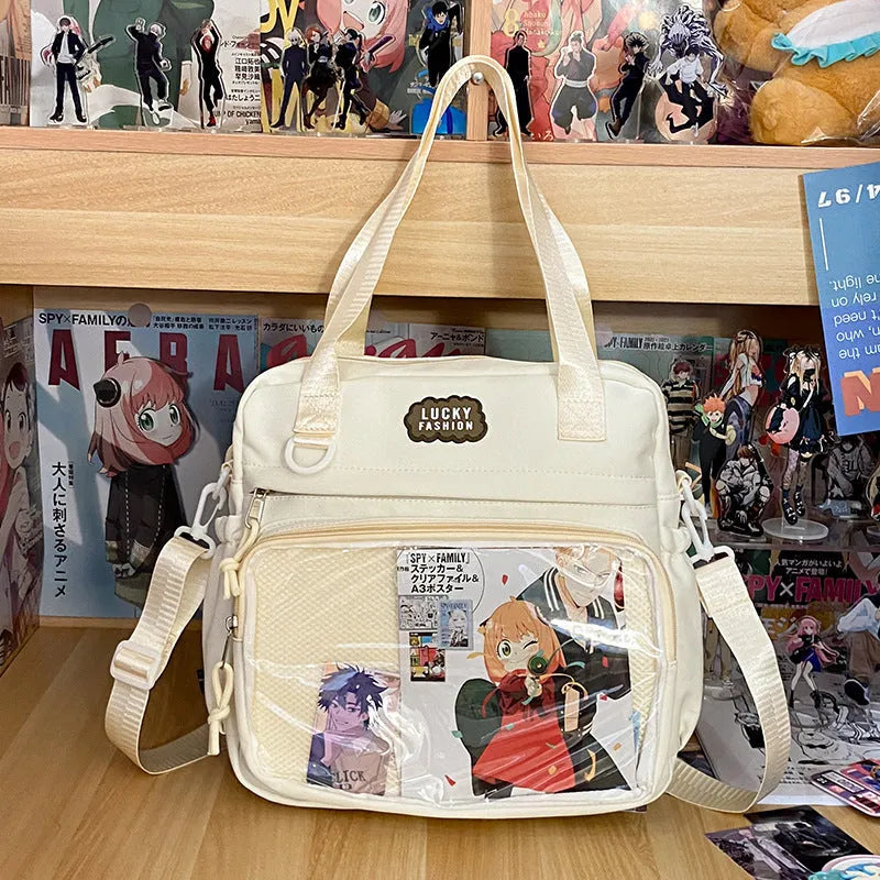 Large capacity nylon shoulder bag for women, 31 x 31 x 9cm, casual contrast colour design with lace-up detail.