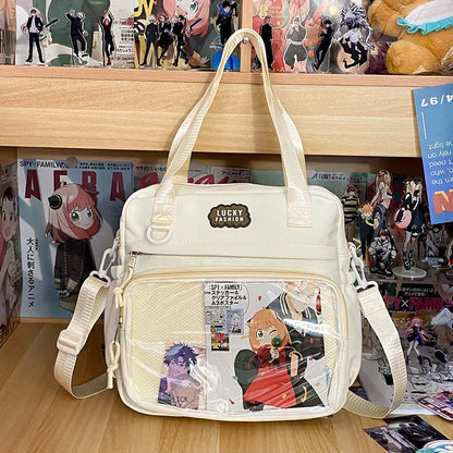 Large capacity nylon shoulder bag for women, 31 x 31 x 9cm, casual contrast colour design with lace-up detail.