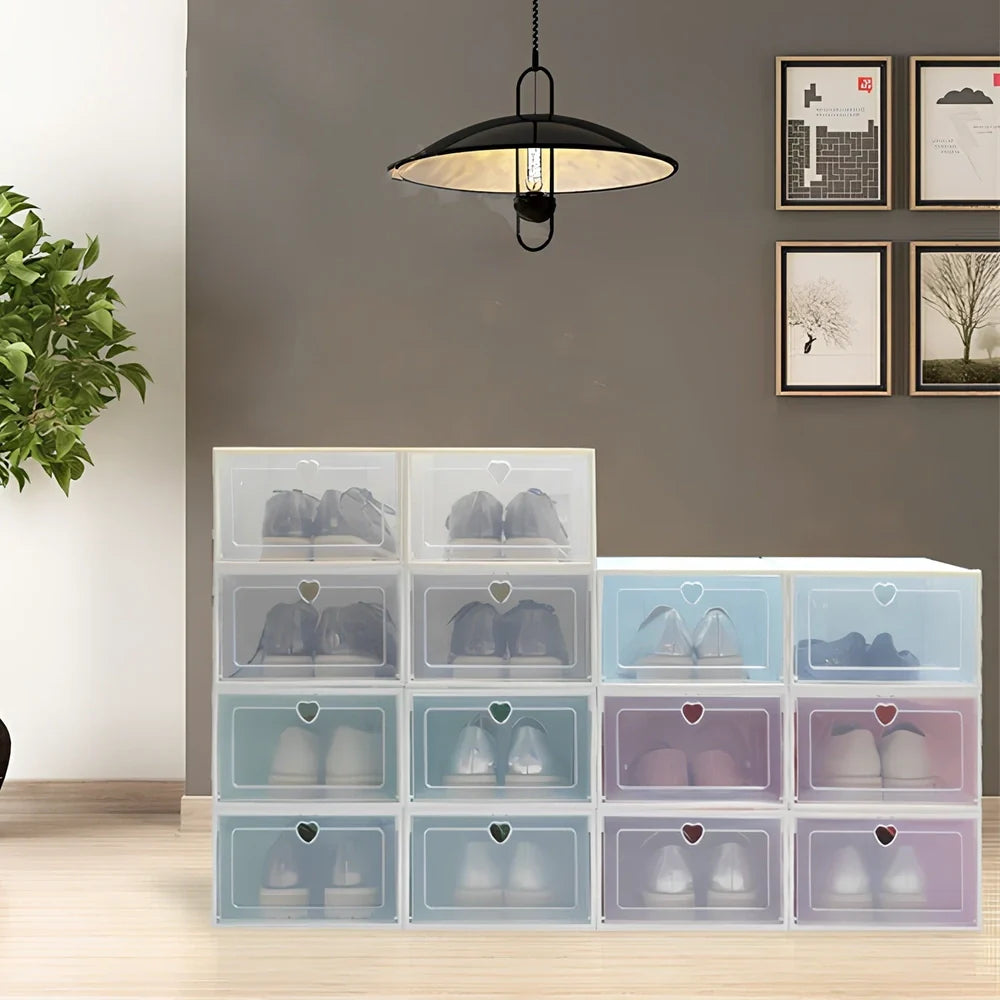 Transparent plastic shoe box showing stackable design and clear construction