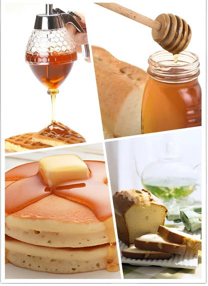 Transparent kitchen honey dispenser showing 200ml capacity with measurements 8.3x10x15cm