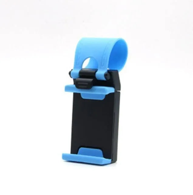 Black steering wheel phone holder with 75mm clip mounted on car wheel holding smartphone